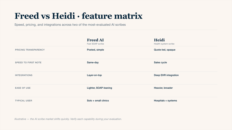 Freed vs Heidi side-by-side feature matrix for medical professionals evaluating AI medical scribes in 2026: pricing transparency, speed to first generated note, EHR integration depth, ease of use, and the user profile each tool fits best. A foundational comparison before considering Twofold as a third option for outpatient clinics.
