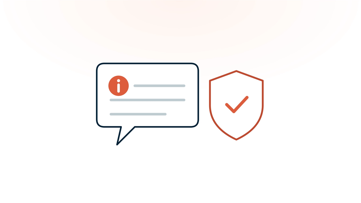 A speech bubble with a coral information symbol beside a shield with a coral checkmark — mental health marketing that informs, within ethical rules.