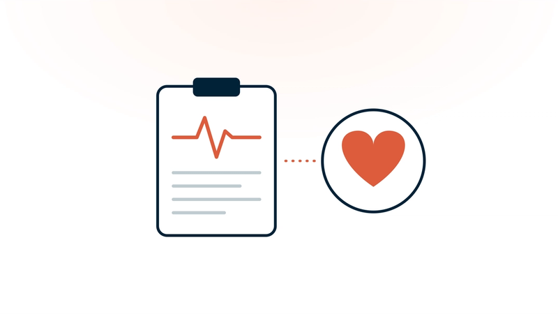 A clipboard chart with a coral heartbeat line, joined by a dotted line to a coral heart in a circle — AI in nursing handling the charting so nurses have more time for patient care.