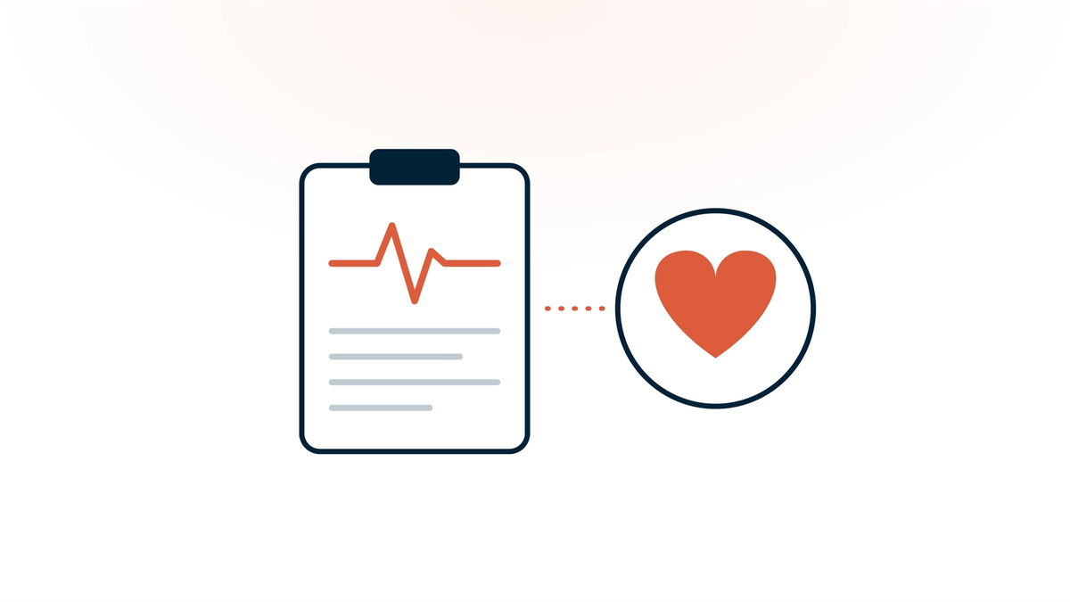 A clipboard chart with a coral heartbeat line, joined by a dotted line to a coral heart in a circle — AI in nursing handling the charting so nurses have more time for patient care.