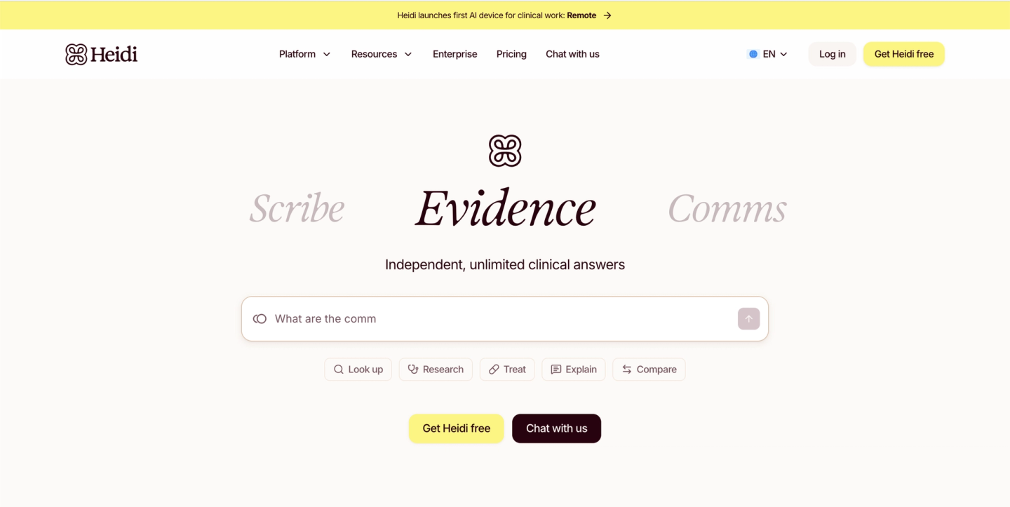 Heidi AI homepage highlighting clinical evidence search, “Get Heidi free” CTA, and tools for research, treatment, and clinical decision support