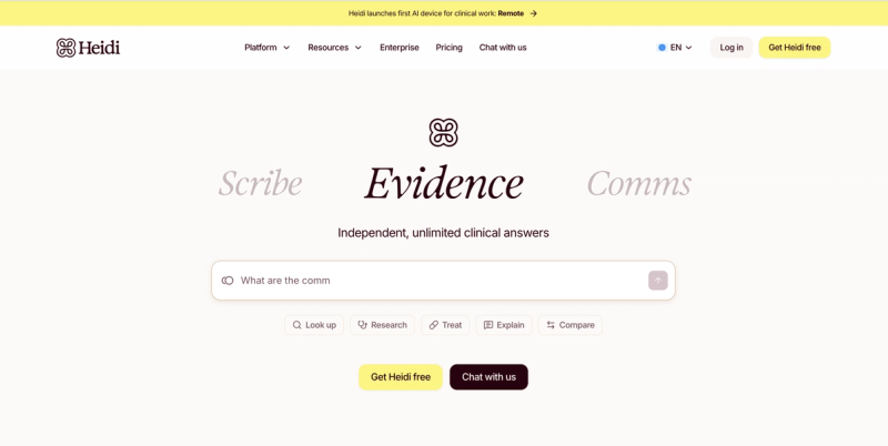 Heidi AI homepage highlighting clinical evidence search, “Get Heidi free” CTA, and tools for research, treatment, and clinical decision support