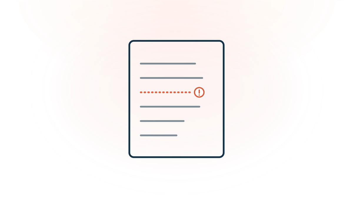 AI scribe hallucinations — a clinical note card whose lines are real except one coral dashed line flagged with an alert badge, representing a fabricated entry that looks just like genuine documentation.