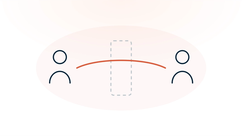 Two people connected by an unbroken line that passes through a dissolving screen between them — documentation moved out of the way of the relationship.