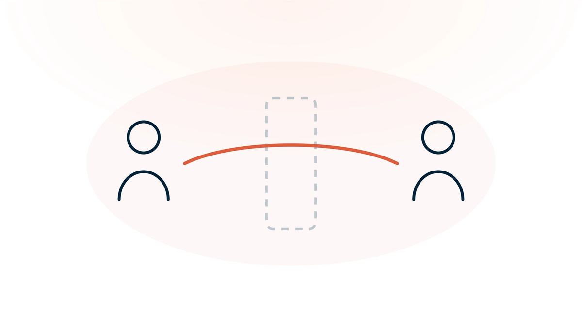 Two people connected by an unbroken line that passes through a dissolving screen between them — documentation moved out of the way of the relationship.