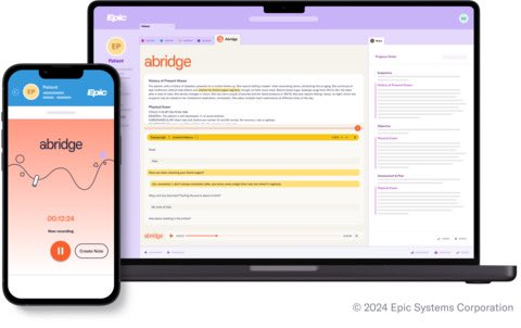Abridge AI Scribe integrated with Epic, displaying medical transcription and workflow documentation tools