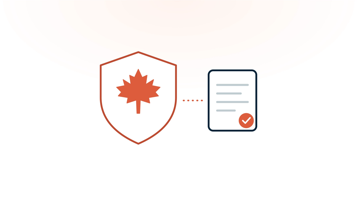 A maple leaf inside a shield beside a therapy note with a coral checkmark — choosing a privacy-compliant AI scribe for therapists in Canada.