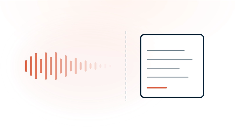 Patient audio shown as a waveform that thins out and disappears at a boundary line, with a finished clinical note remaining on the other side — audio is discarded once transcribed, the note remains.