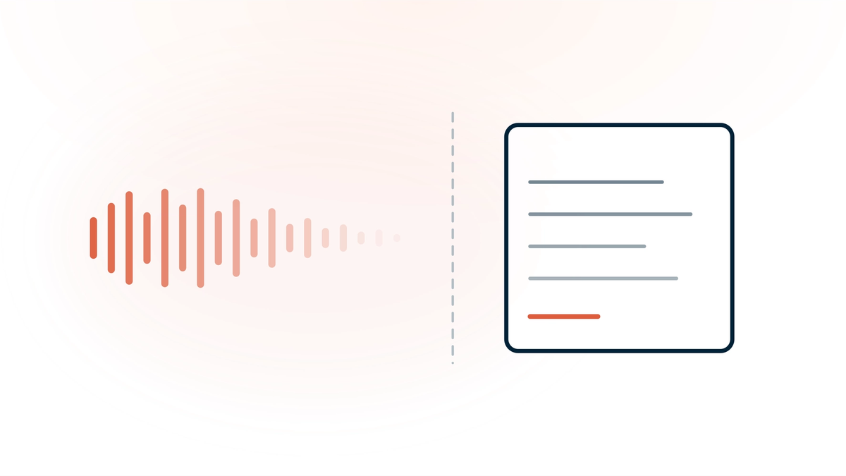 Patient audio shown as a waveform that thins out and disappears at a boundary line, with a finished clinical note remaining on the other side — audio is discarded once transcribed, the note remains.
