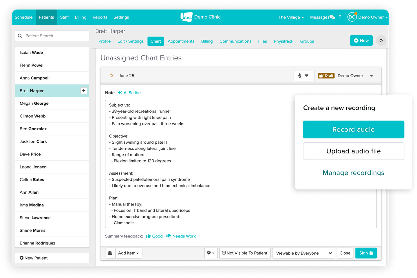 Jane AI Scribe screen showing unassigned chart entries with AI scribe note and options to record or upload audio for a new recording.