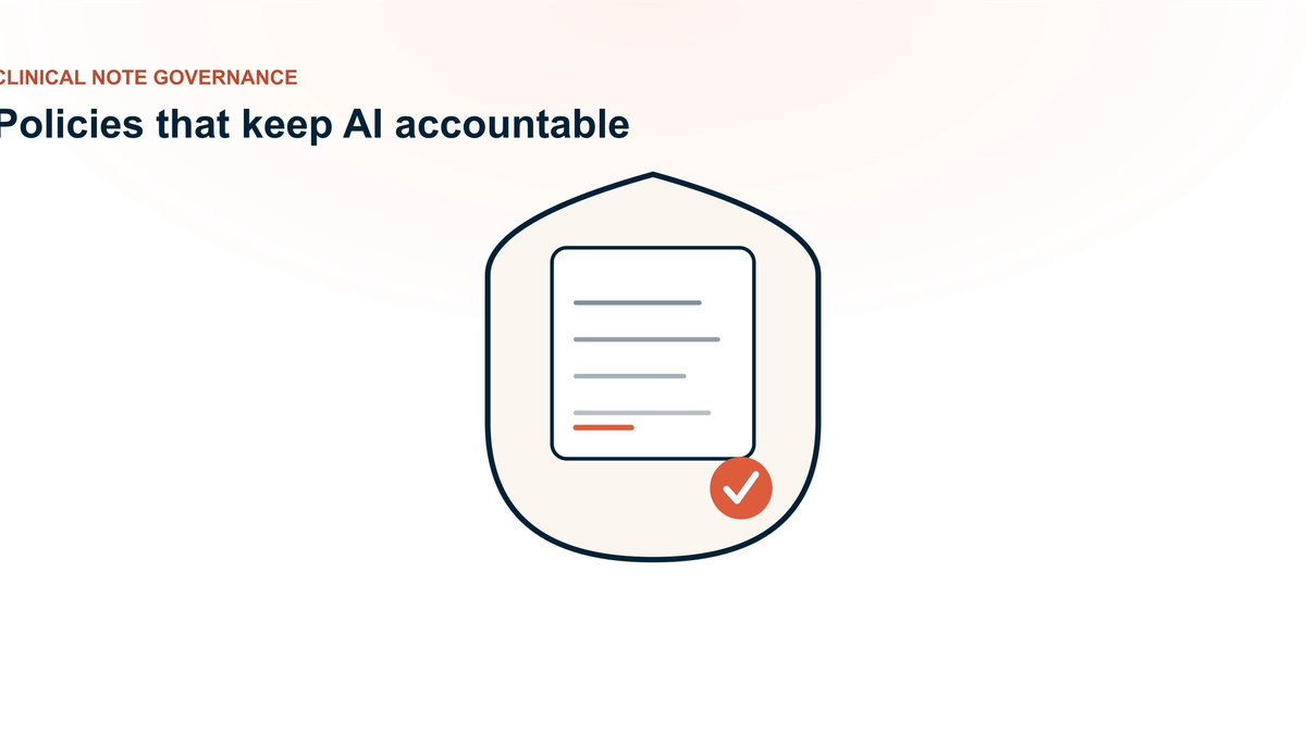 Clinical note governance — a shield enclosing a structured clinical note with a coral check mark, representing policies that keep AI documentation accurate, compliant, and accountable.