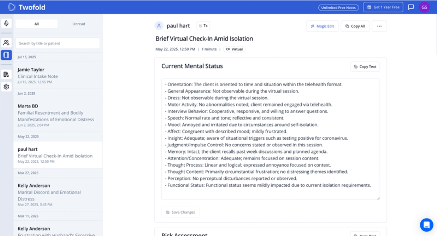 Twofold Health Top AI SOAP Note tool with a detailed SOAP note for Paul Hart detailing mood, behavior, and cognitive observations during virtual check-in amid isolation.