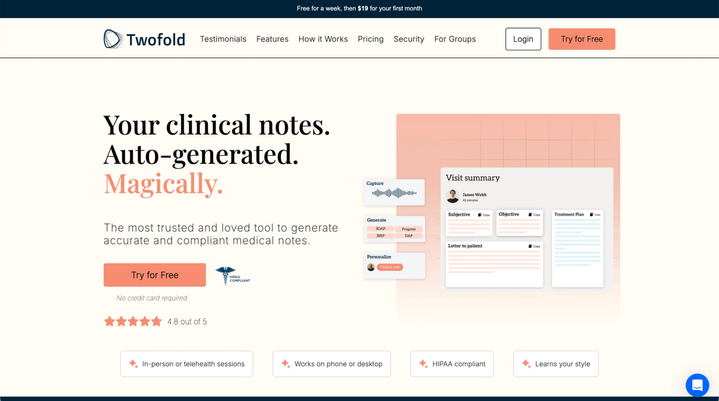 Twofold homepage showing AI-generated clinical notes dashboard, SOAP sections, HIPAA compliance, and “Try for Free” call-to-action for clinicians