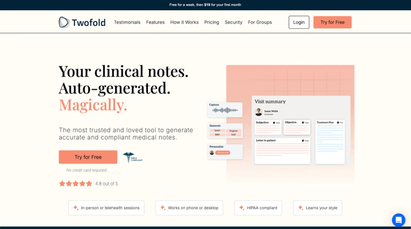 Twofold homepage showing AI-generated clinical notes dashboard, SOAP sections, HIPAA compliance, and “Try for Free” call-to-action for clinicians