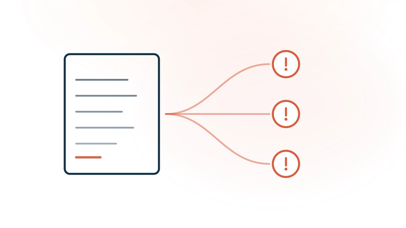 AI scribe risk categories for hospitals — a clinical note card beside three ascending coral warning badges representing hallucinations, privacy, and liability.