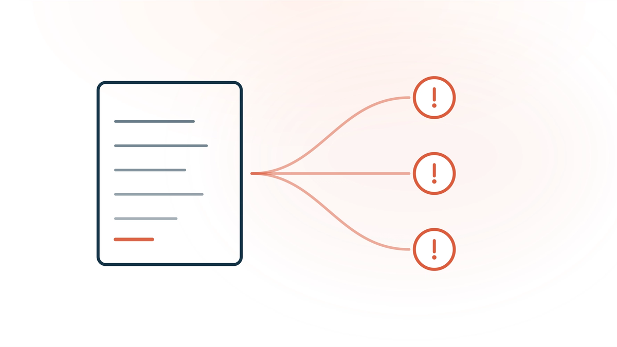 AI scribe risk categories for hospitals — a clinical note card beside three ascending coral warning badges representing hallucinations, privacy, and liability.