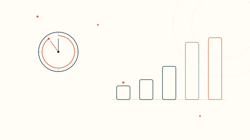 A clock with a coral sweep marking about 54 minutes beside five ascending bars — the range of clinical session lengths from 12 to 54 minutes.