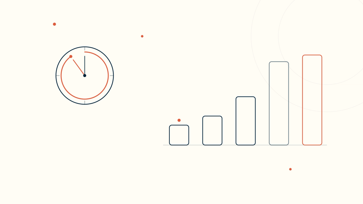 A clock with a coral sweep marking about 54 minutes beside five ascending bars — the range of clinical session lengths from 12 to 54 minutes.