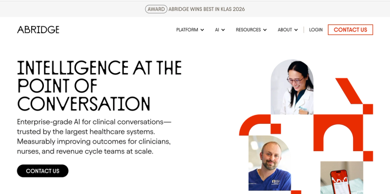 Abridge homepage showing AI for clinical conversations, enterprise healthcare workflows, and “Contact Us” CTA for health systems