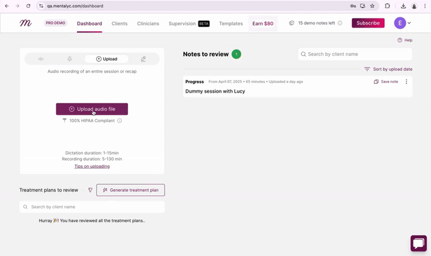 Mentalyc AI notes dashboard
