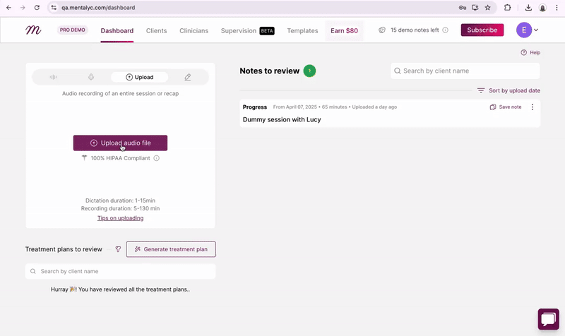 Mentalyc AI notes dashboard