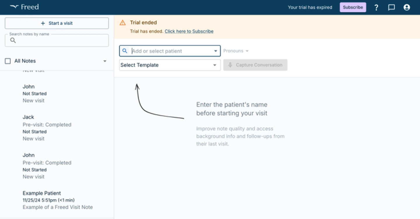Freed AI app dashboard showing patient notes list, search and template options, with a notice that the trial has ended and subscription is required.