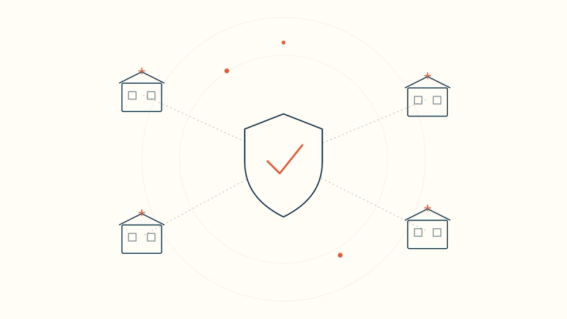 Four clinic locations networked to a central compliance shield with a checkmark — consistent HIPAA compliance across a multi-location practice.
