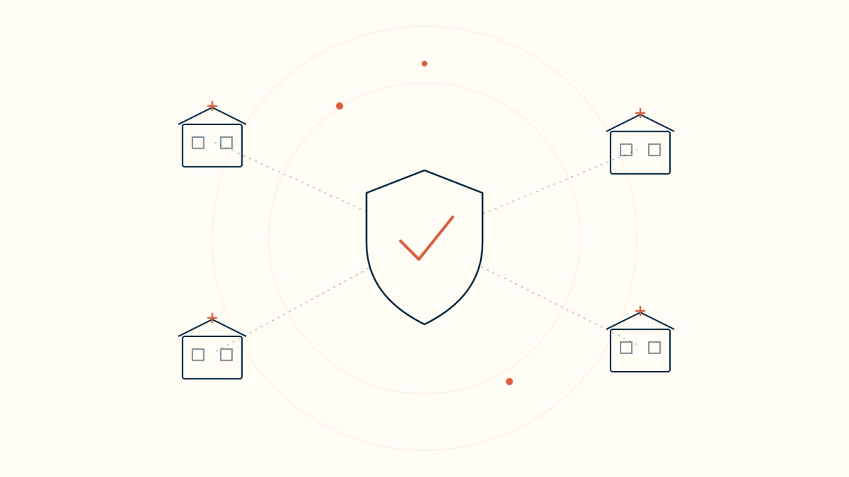 Four clinic locations networked to a central compliance shield with a checkmark — consistent HIPAA compliance across a multi-location practice.