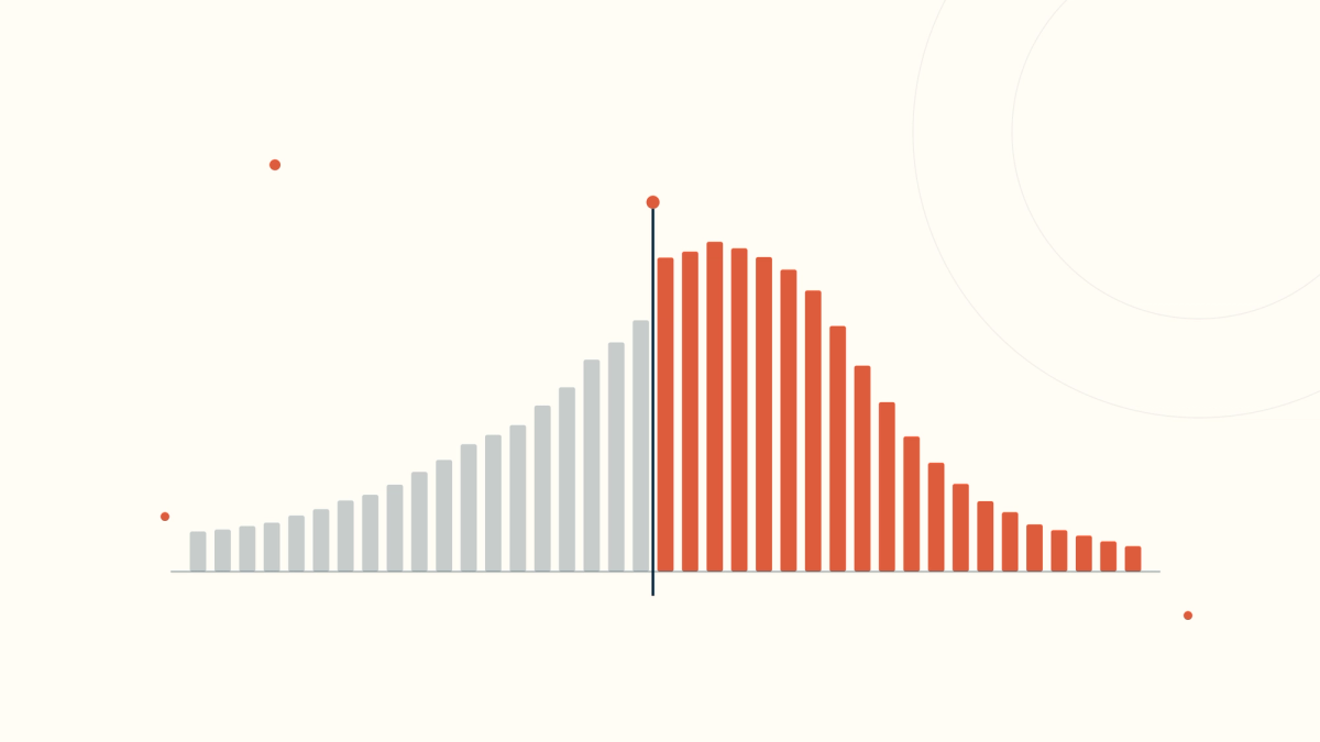 Histogram silhouette of psychotherapy session lengths rising steadily then stepping up sharply at a marked vertical line at 53 minutes.