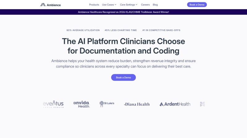 Ambience Healthcare homepage screenshot from ambiencehealthcare.com. Captured here as editorial reference for the Ambience Healthcare AI scribe in the outpatient comparison.