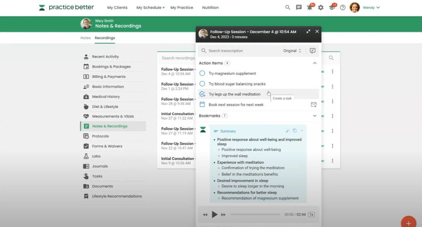 Practice Better Notes & Recordings screen showing a follow-up session transcript with action items, bookmarks, and session summary panel.