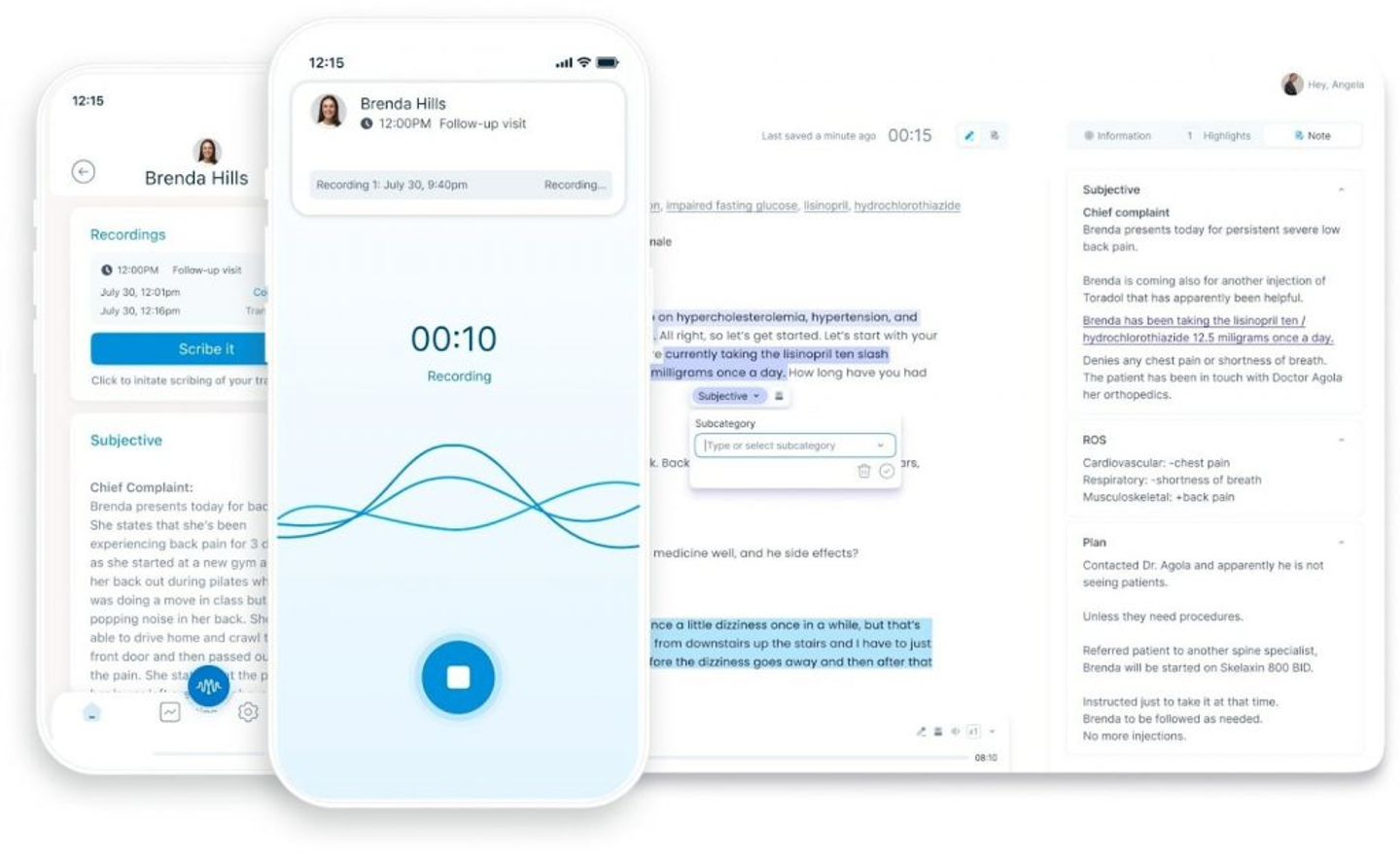 Deepscribe recording a patient visit, with transcription and structured clinical notes.