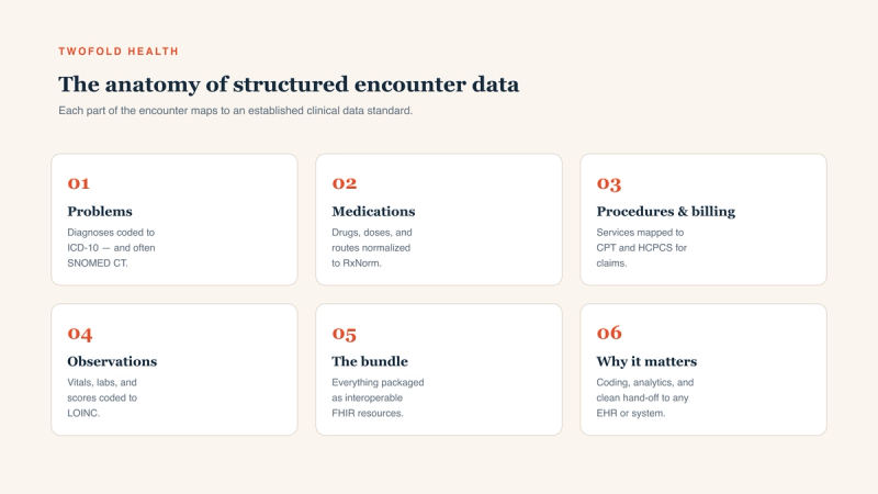 A six-card anatomy of structured encounter data, each mapping a part of the visit to a clinical data standard: 01 Problems — diagnoses coded to ICD-10, and often SNOMED CT; 02 Medications — drugs, doses, and routes normalized to RxNorm; 03 Procedures and billing — services mapped to CPT and HCPCS for claims; 04 Observations — vitals, labs, and scores coded to LOINC; 05 The bundle — everything packaged as interoperable FHIR resources; 06 Why it matters — coding, analytics, and clean hand-off to any EHR or system.
