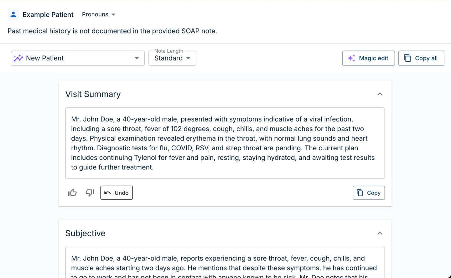 AI-generated SOAP note in Freed AI and visit summary for a new patient named John Doe, showing viral symptoms and pending diagnostic tests.
