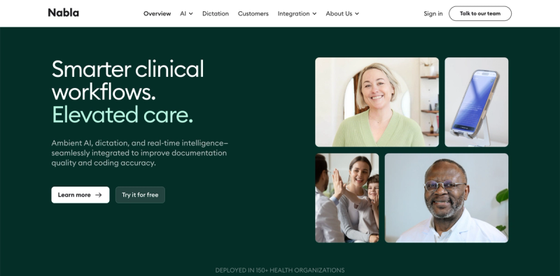 Nabla homepage showing AI clinical workflows, ambient documentation, and clinicians using tools to improve care quality and coding accuracy