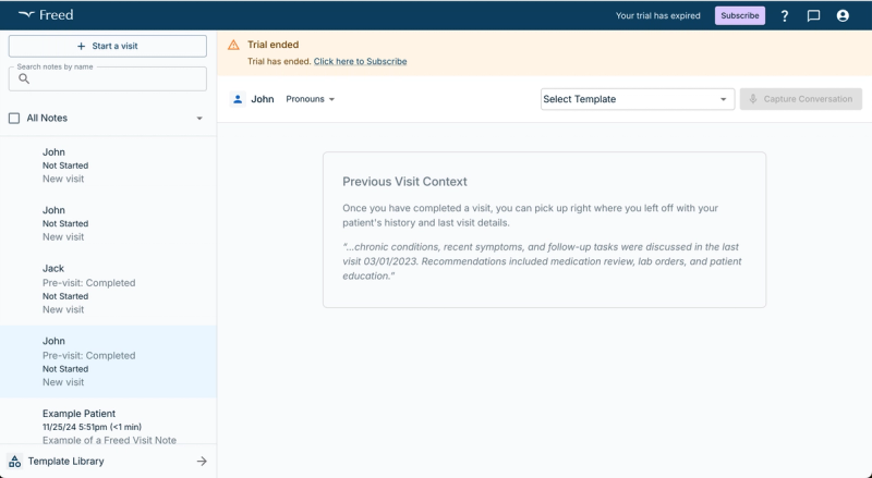 Freed AI scribe dashboard