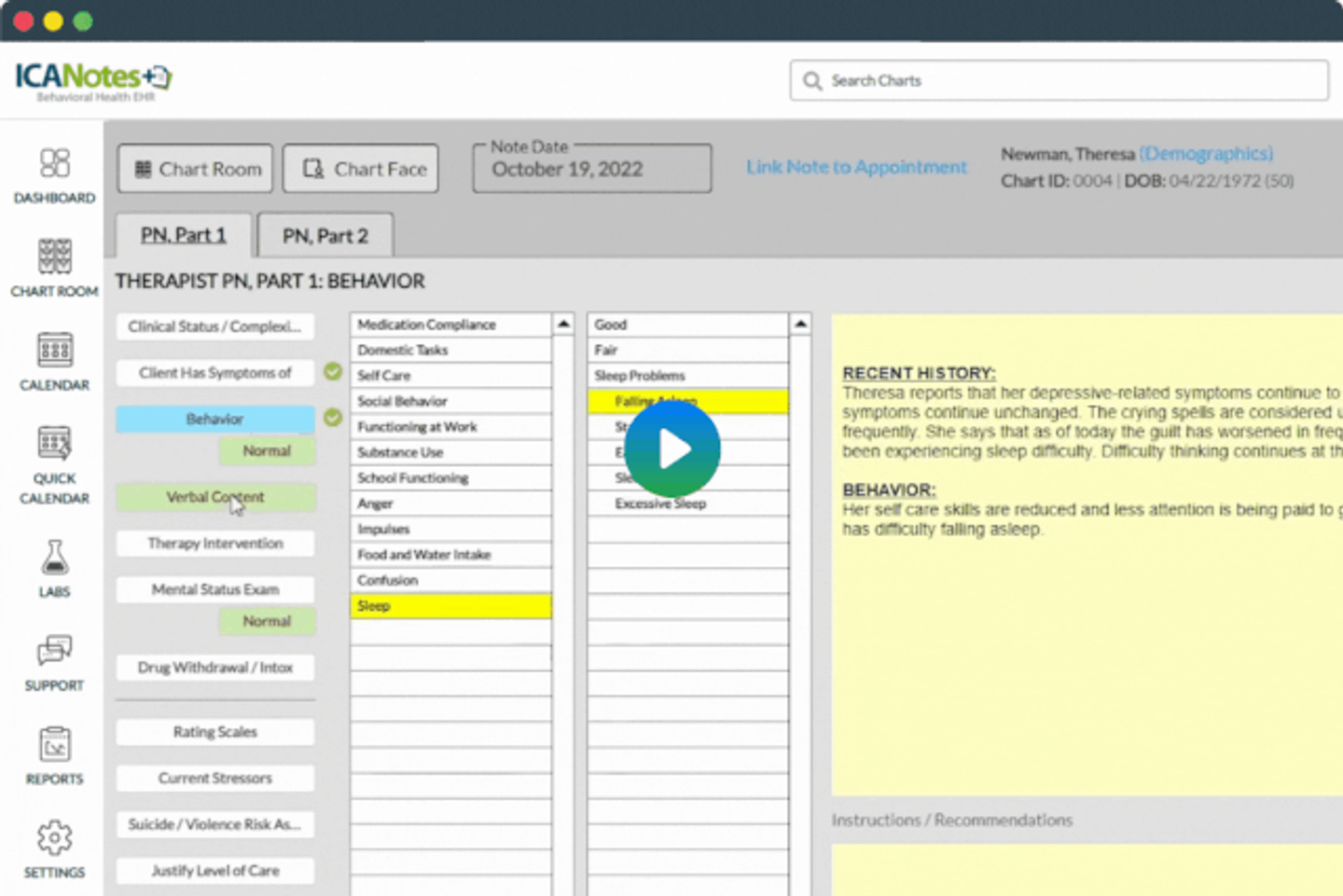 ICANotes interface displaying a therapist's progress note with behavioral assessments, symptom tracking, and a recent history section for patient documentation.