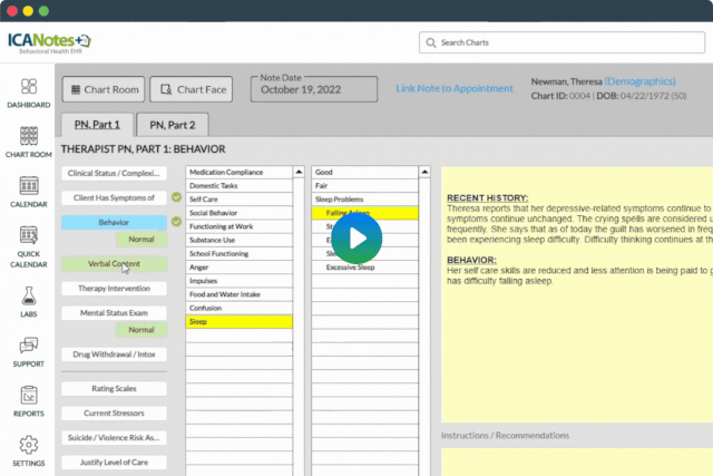 ICANotes interface displaying a therapist's progress note with behavioral assessments, symptom tracking, and a recent history section for patient documentation.