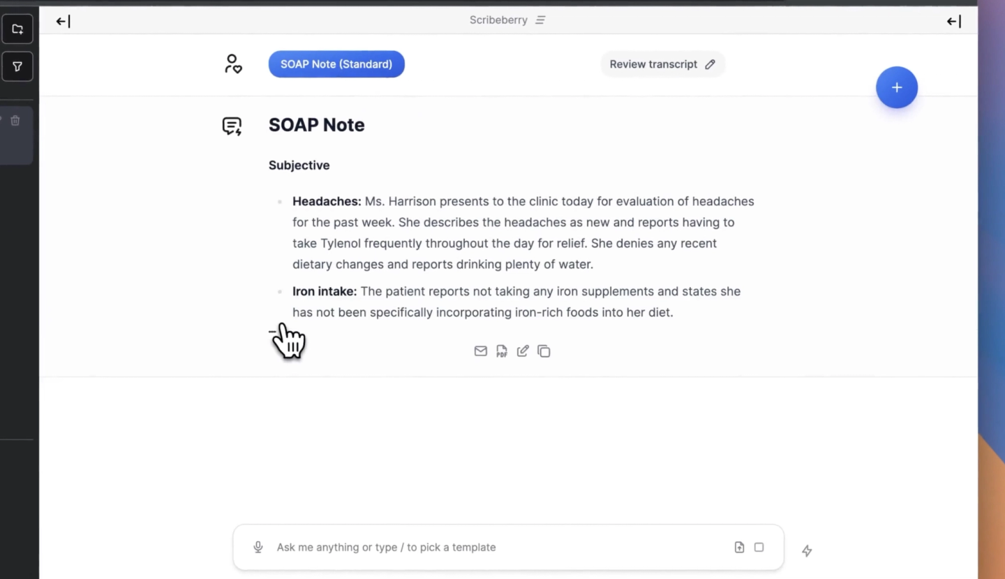 Scribeberry dashboard showing a SOAP note with subjective details on headaches and iron intake for a patient.