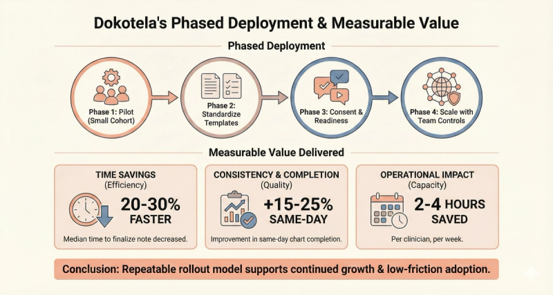 Diagram of Dokotela’s phased deployment of Twofold from pilot to scale, showing measurable value: 20–30% faster notes, higher same-day completion, 2-4 hours saved.