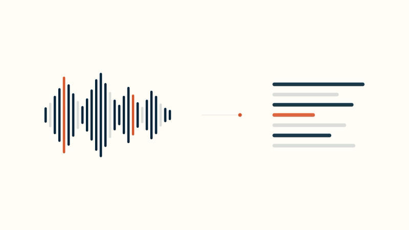 Abstract illustration of an audio waveform flowing into structured document lines, representing turning clinical speech into a finished medical note.