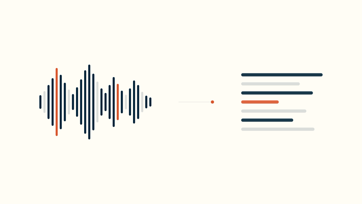Abstract illustration of an audio waveform flowing into structured document lines, representing turning clinical speech into a finished medical note.