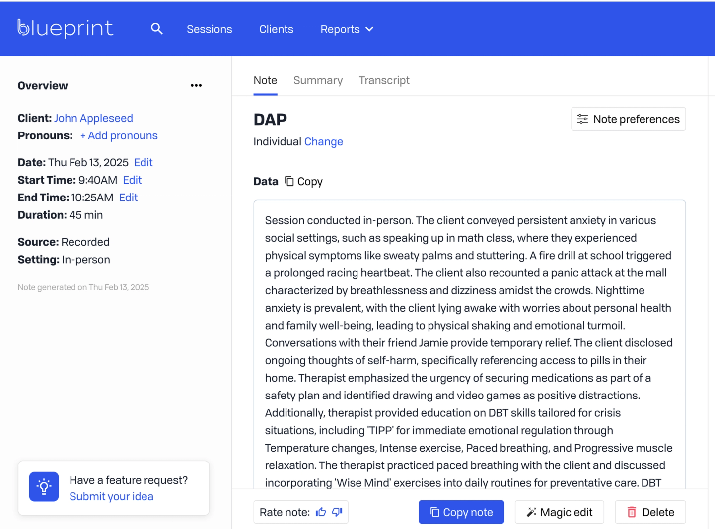 Blueprint platform displaying a client's session note. The note includes anxiety symptoms, therapy strategies, and DBT techniques