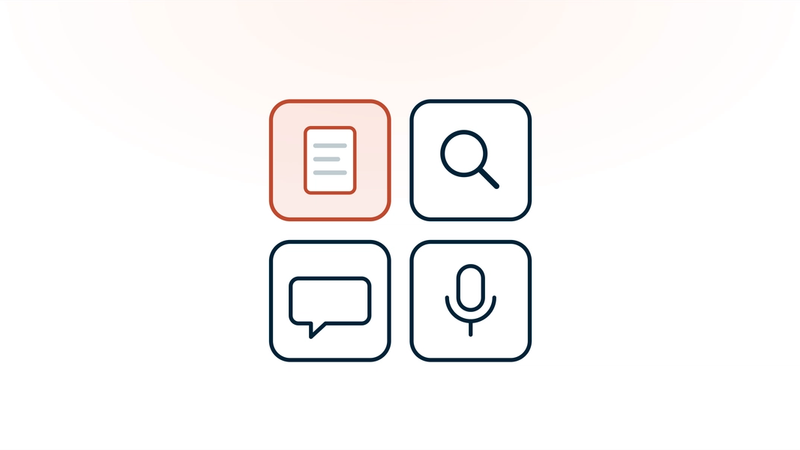 Four tiles for the four kinds of AI tools doctors use — a clinical note highlighted in coral, a magnifying glass for clinical search, a speech bubble for communications and a microphone for dictation.