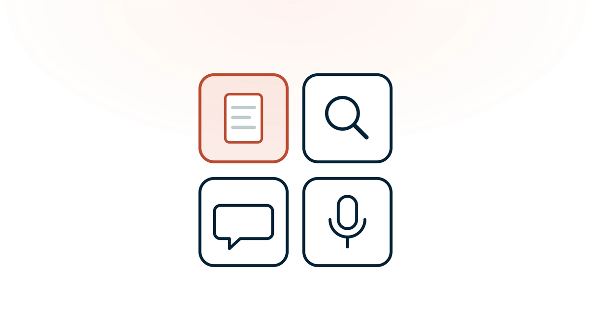 Four tiles for the four kinds of AI tools doctors use — a clinical note highlighted in coral, a magnifying glass for clinical search, a speech bubble for communications and a microphone for dictation.