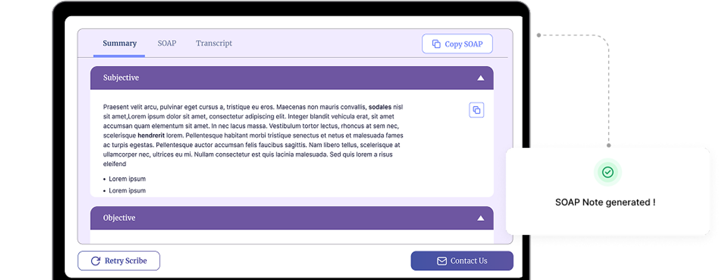 Spry PT AI Scribe showing an auto-generated SOAP note with sections for Subjective and Objective, plus a message confirming 'SOAP Note generated'.
