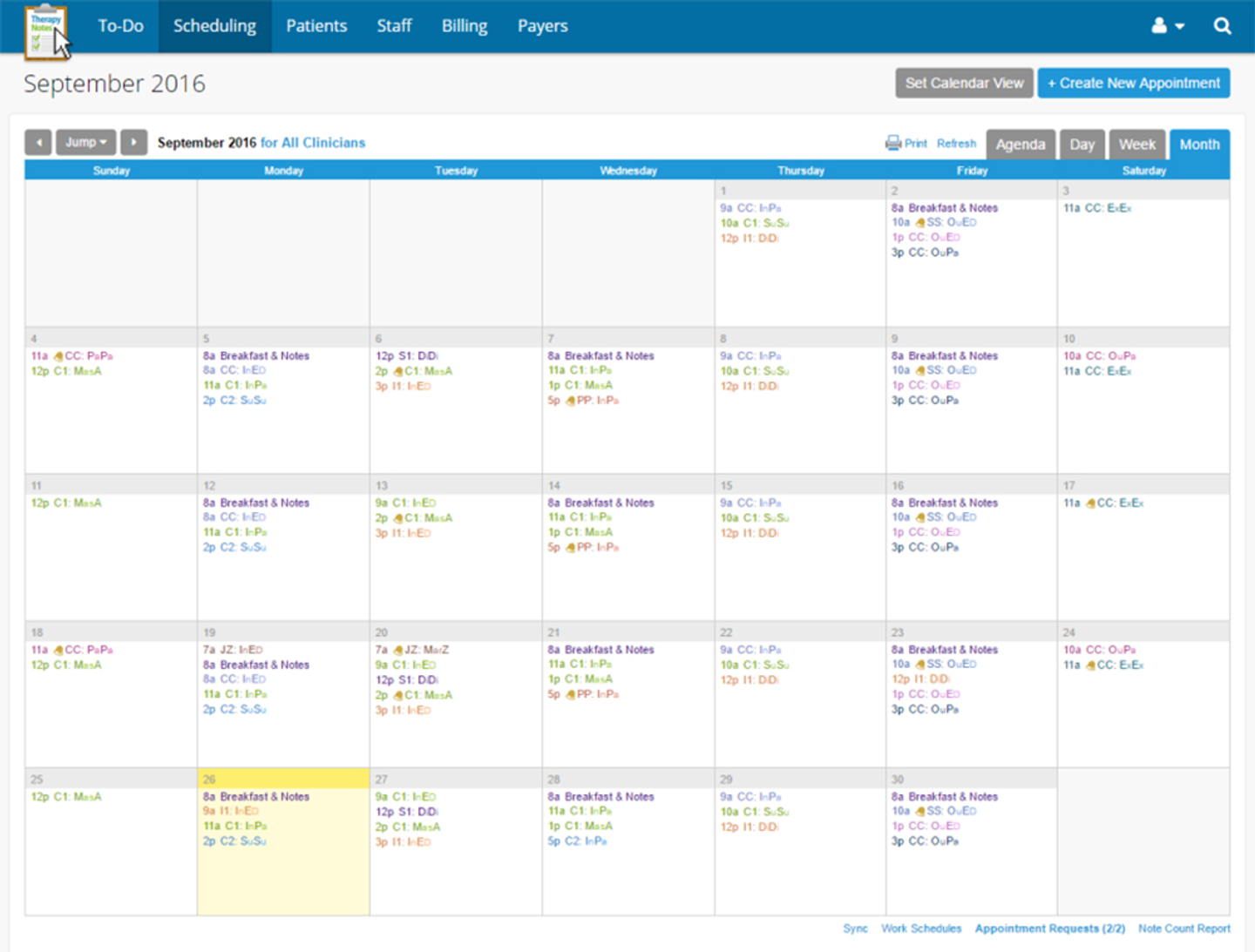 TherapyNotes interface displaying a monthly calendar view for September 2016, showing scheduled appointments, notes, and clinician tasks with navigation and scheduling options.