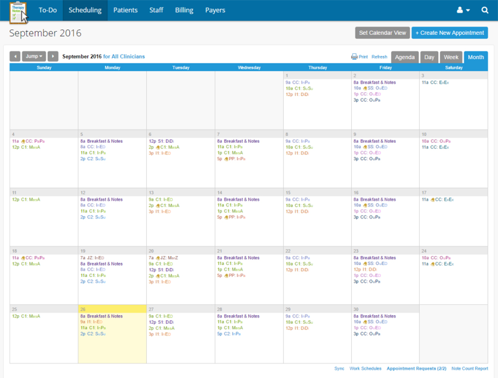 TherapyNotes interface displaying a monthly calendar view for September 2016, showing scheduled appointments, notes, and clinician tasks with navigation and scheduling options.