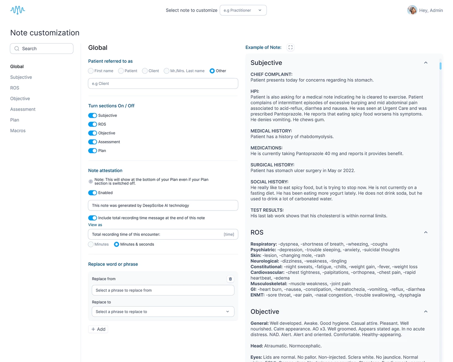 DeepScribe AI note customization dashboard with toggles for SOAP sections and example patient note showing Subjective, ROS, and Objective.