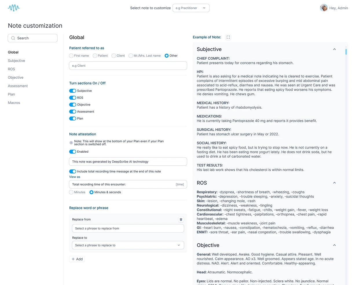 DeepScribe AI note customization dashboard with toggles for SOAP sections and example patient note showing Subjective, ROS, and Objective.